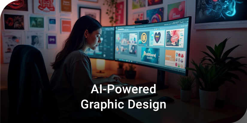 AI-powered graphic design: A designer working on creative projects using advanced AI tools on dual monitors in a modern workspace.